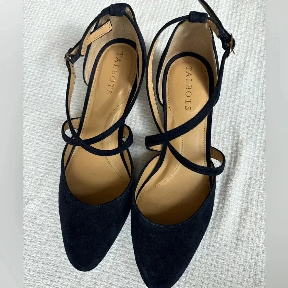 Talbots Wedges Size 7 Navy Laney Crisscross Suede Preppy Career City Timeless - Picture 3 of 9
